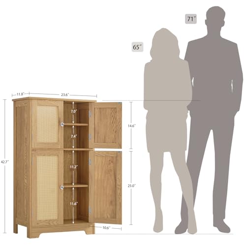 Iwell Storage Cabinet with 4 Rattan Doors & 2 Adjustable Shelves, Cupboard, Bathroom Storage Cabinet, Rattan Cabinets for Living Room, Entryway, Home Office, Natural
