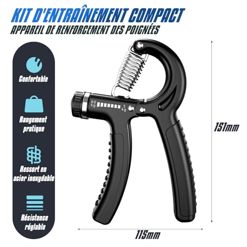 U-VKK Entraîneur de main, set de 2 Entraîneur d'avant-bras, poignée 5-60 kg, Entraîneur d'avant-bras de main, Grip Force de préhension (Noir clair) – vue 3