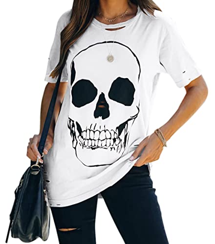 Image of Veatzaer Womens Short Sleeve Crewneck Skull Print Distressed T Shirt Casual Loose Tee Summer Tops, White, Small