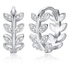Silver Olive Leaf CZ Huggie Earrings