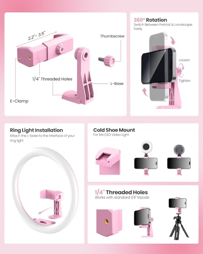 Image of UBeesize 12'' LED Ring Light with 62'' Tripod Stand, Selfie Ring Light for Video Recording, Live Streaming, TikTok & YouTube, Compatible with iPhone & Android (Pink)