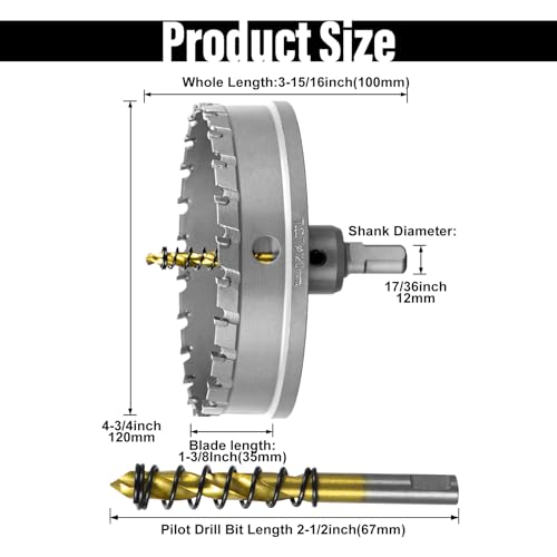 Image of SALI 4-3 /4 inch(120mm) TCT Hole Saw Kit Tungsten Carbide Tipped Hole Saw Drill Bit with Titanium-Plated Pilot Drill bit for Metal, Stainless Steel, Iron, Wood, Plastic