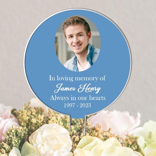 In Loving Memory Customisable Black Acrylic Grave Sign with Photo - Personalised Memorial Tribute for Grandad, Dad, Mum, or Nanny (Light Blue)