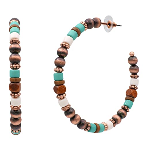Western Style Faux Navajo Pearl Multicolor Turquoise Beads Chunky Hoop Earrings (Copper - Turquoise) #TOP6