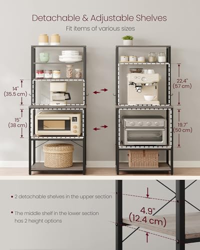 Image of VASAGLE Coffee Bar, 23.6 Inches Baker's Rack for Kitchen with Storage, 6-Tier Kitchen Shelves with 6 Hooks, Microwave Stand, Industrial, Heather Greige and Ink Black UKKS024B02