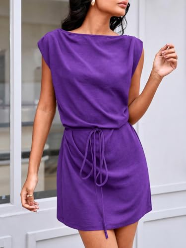 Image of Wenrine Womens 2026 Summer Mini Dress Casual Sleeveless Tie Waist Loose Ruched Beach Vacation Short Sundresses