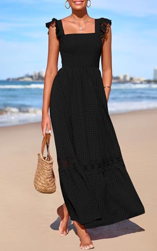 Image of PRETTYGARDEN Women's Smocked Summer Maxi Dresses 2026 Ruffle Cap Sleeve Square Neck Lace Detail Flowy Sundress with Pockets
