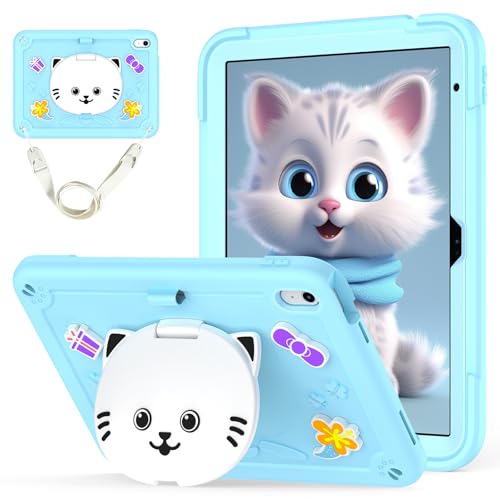Étui iPad 10e génération avec support chat et bandoulière antichoc pour enfants