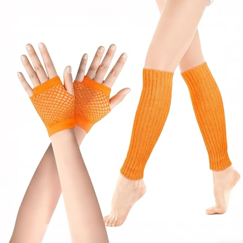 FangBoJie Elastische Neon Beinstulpen und Netzhandschuhe Set Damen Bein Stulpen 80er Jahre Kostüm Zubehör für 1980er Jahre Retro Motto Party Fasching Karneval Tanzen Aerobic Kostüm Accessoires