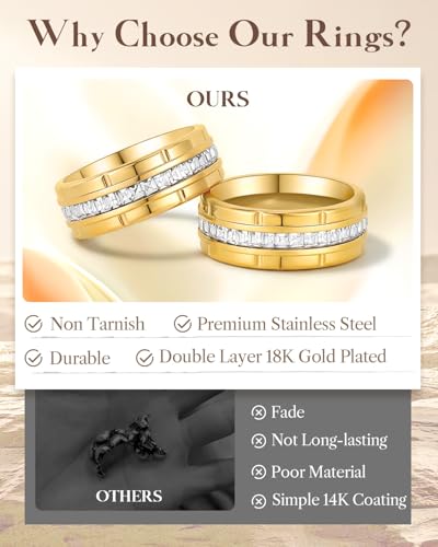 Image of 8mm Mens Gold Wedding Band with Cubic Zirconia Silver Eternity Ring CZ Inlaid 18K Gold Plated Stainless Steel Rings for Men, Rings Size 5-12