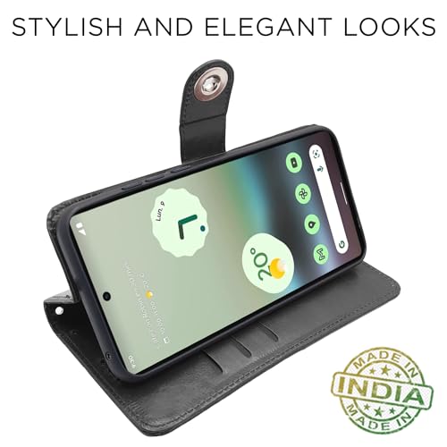 Image of Pikkme Google Pixel 6a Flip Cover Leather Finish | Inside TPU with Card Pockets | Wallet Stand and Shock Proof | Complete Protection Button Flip Case (Black)