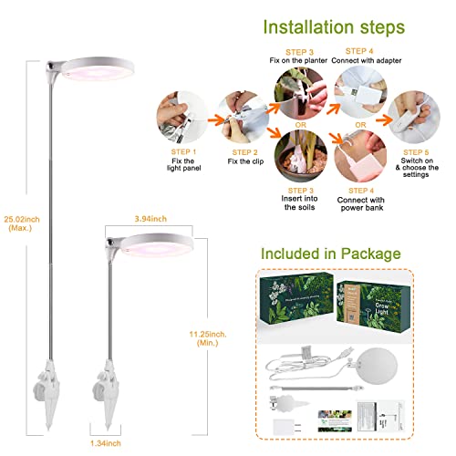 Growled Grow Lights For Indoor Plants Planter Mate Growing Lamp, Full Spectrum Leds, Height Adjustable, 8 12 16H Auto On Off Timer, 5-Level Dimmable, Clip On For Most Small Plant Pots, With Ul Adapter #TOP6