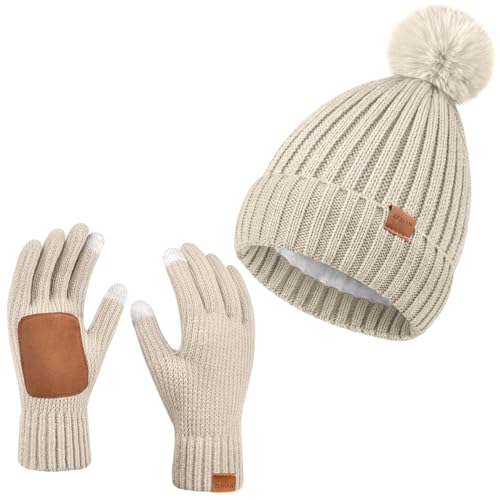 Womens Winter Beanie Hat with Pom and Touchscreen Gloves Set，Soft...