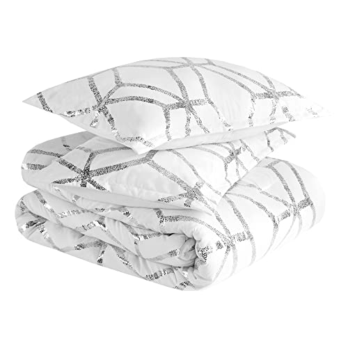Comfort Spaces Vivian Comforter Set Ultra Soft All Season Lightweight Modern Geometric Glam Metallic Print Bedding, Matching Sham, Decorative Pillow, Twin/Twin Xl, Geometric White/Silver #TOP3