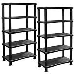 ALEEZ - 5 Tier Plastic Shelving Unit - Heavy Duty Storage Shelves - Storage Rack For Home, Garage, Shed, Warehouse - 25kg/55lbs Per Shelf - No Tools Required - Push Fit Assembly, Black (2, 5 Tier)