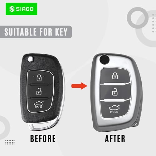Image of SIAGO TPU Key Cover and Metal Keychain Compatible for Hyundai i 20, Xcent,Verna Flude 3 Button Flip Smart Key Cover (Grey Pack of 2)