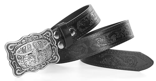 Image of Western-Cowboy-Leather-Belts for Women Turquoise-Oval-Buckle Embossed Belt