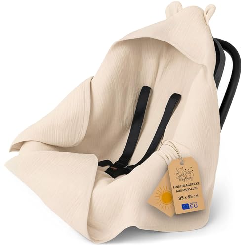 Musselin Einschlagdecke Babyschale Baby Decke 90x90 cm - Atmungsaktive Sommerdecke Blanket für Kinderwagen und Autositz für Neugeborenen und Kleinkinder Oeko-Tex Hellbeige