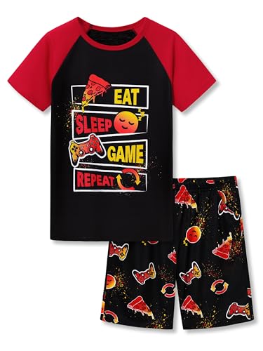 Tebbis Summer Pajamas For Big Boys Sleep Face & Game Graphic Red Short Sleeves Soft PJs Set Kid Size 14