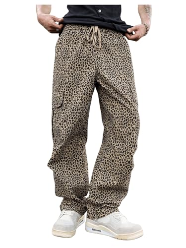 GORGLITTER Men's Leopard Print Cargo Pants Baggy Drawstring Waist Flap Pocket Straight Leg Pants