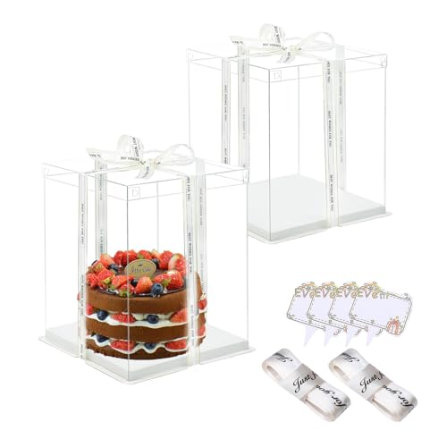 Vebetter 2pcs Boite a Gateau Transparente Boite Layer Cake Boite de Transport Gateau 22x 22cm Réutilisable Boîte à Gâteaux en Plastique avec Ruban pour Gateau et Présentoir à Dessert, 6 inch.