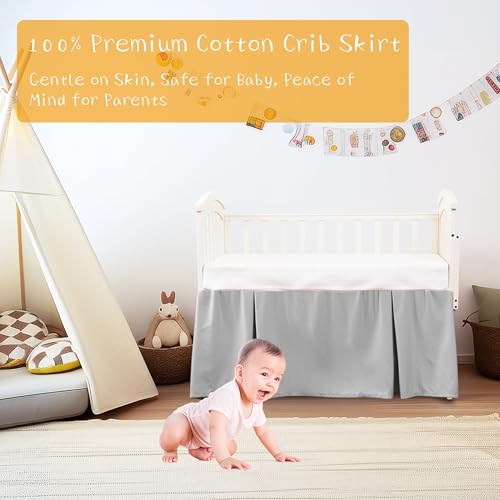 Image of Crib Bed Skirt Dust Ruffle 100% Cotton - Natural, Soft, Breathable for Baby's Delicate Skin, Nursery Toddler Crib Bed Skirt for Baby Boys Girls, Fits Standard Cribs 28 inch x 52 inch with 14 inch Drop