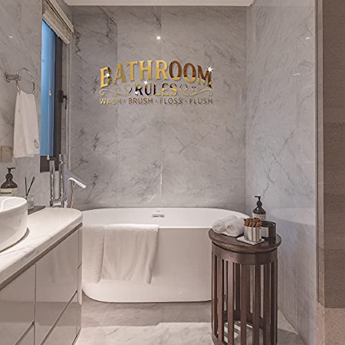 Snomel 3D Acrylic Mirror Bathroom Wall Sticker, Bathroom Rules Wash Brush Floss Flush Mirror Wall Decals, Removable Lettering Mural Art Decor For Restroom Toilet Washroom (Gold) #TOP3