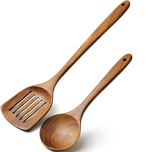 AYFDISHS Wooden Spatulas Set of 2, Acacia Wood Rice Paddle with Slotted Design for Nonstick Cookware