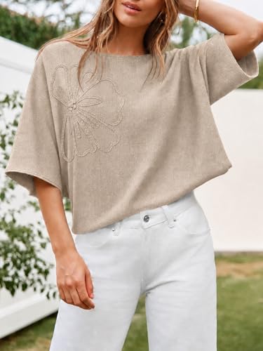 Image of Cicy Bell Womens Half Sleeve Sweaters Oversized Boat Neck Knitted Pullover Sweater Trendy Casual Loose Fit Fall Tops