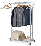 Bextsware Clothes Garment Rack On Wheels, Expandable Double Rails Heavy Duty Commercial Grade Hanging Clothes Organizer Stand Clothing Rack with Mesh Bottom Shelves for Boxes Shoes Storage, Chrome