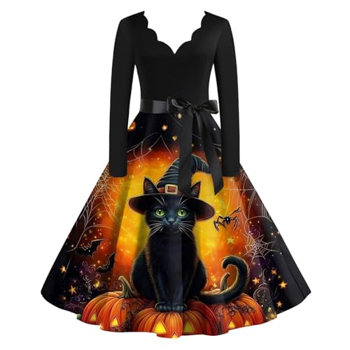 OIOLOYJM Sexy Plus Size Halloween Costumes Woman 2025 Long Sleeve V Neck Printed Gothic Retro Formal Party Dresses for Women