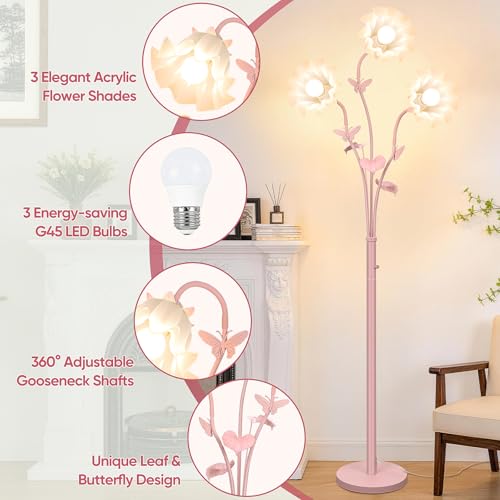 Image of TOBUSA Flower Floor Lamp for Bedroom, 3-Light Vintage Pink Standing Lamp with Flexible Gooseneck, 75'' Tall Retro Floral Stand Up Lamp for Living Room, Modern Unique Cute Flower Corner Lamp for Girl