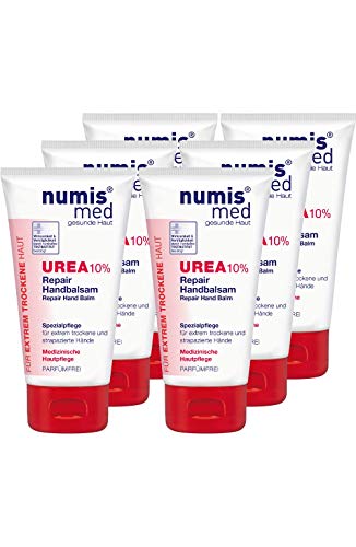 numis med Repair Handbalsem met 10% ureum, huidverzorging, parfumvrij en veganistisch, handcrème voor de gevoelige, naar neurodermitis neigende en droge huid, 6 x 75 ml