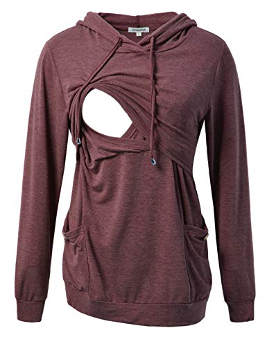 Ginkana Nursing Hoodie Long Sleeves Shirts Casual Top Sweatshirt With Button Decoration Pockets,Maroon,L #TOP8