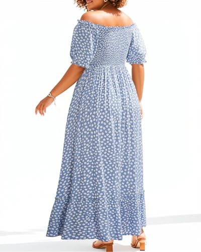 Image of Plus Size Summer Dresses Sun - Maxi Boho Casual Off Shoulder Floral Lace Long Dress with Pockets