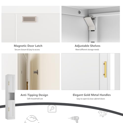 Image of Tall Narrow Pantry Cabinet for Kitchen, 67 inch H Metal Storage Cabinets with Doors and 3 Adjustable Shelves for Dining Room, Living Room and Home Office (12 inches Wide White)