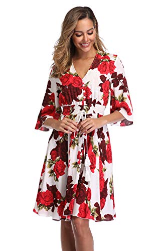 Image of VintageClothing Women's Floral Sundresses Flowy Boho Summer Beach Dress | Lightweight Breathable material,Elegant V Neck and Button Front Design,Flared Bell Sleeve Cut,Mini Casual dress