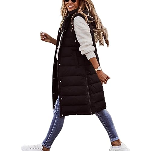 Kingkingma Chaleco largo acolchado para mujer, sin mangas, de algodón, ligero, con capucha, chaqueta de invierno para mujer, 1-negro, XXXXXL