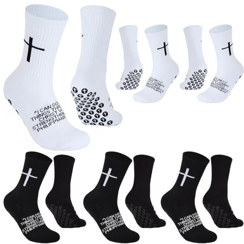 Pomeyard 6 Pairs Cross Grip Soccer Socks Anti-Slip Christian Sports Sock US 6-13 Bible Verse Religious Faith Sock with Rubber Dots (Black and White)