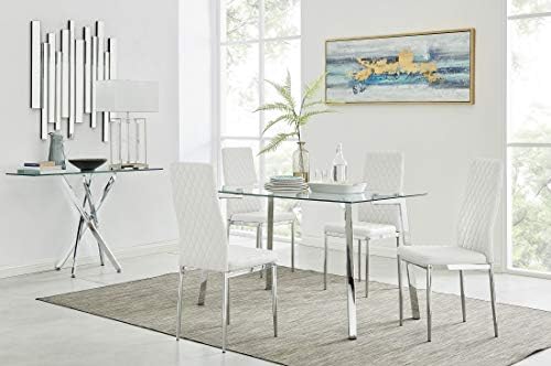 Furniturebox UK Cosmo Rectangular Clear Glass Dining Table with Shiny Chrome Legs and 4 Contemporary White Milan Chairs Simple Stylish Modern Dining Set