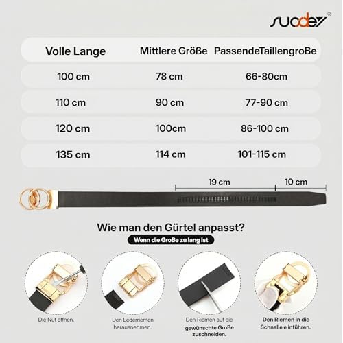 SUOSDEY Women's ratchet belt for jeans and suit trousers, adjustable leather belt without holes with automatic sliding buckle, 3 cm wide