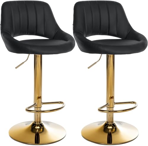 CLP Juego de 2 taburetes de Bar Milet Regulables en Altura con Respaldo, Asientos Acolchados de Piel Sintetica, Estructura Metalica giratoria Color:Negro;Material del Soporte:Oro metálico