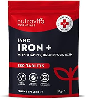 Iron Tablets High Strength 14mg  180 Vegan Iron Tablets, 6 Month Supply - High Absorption Iron Supplements for Women & Men - with Vit C, B12, Folic Acid - Reduction of Tiredness & Fatigue - Nutravita