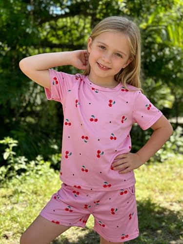 Image of KIDLAGA Girls Two Piece Sets Cherry Pattern Short Sleeve Shirts and Shorts Set With Pockets Girls Summer Outfits Size 7-14