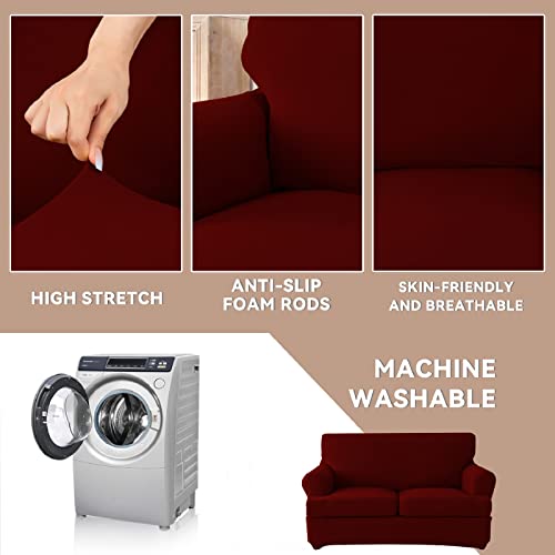 Molasofa T Cushion Loveseat Slipcover With 2 Individual T Cushion Shape Seat Covers For Home Décor,3 Pieces Stretchable Washable Non-Pilling Non-Slip Love Seat Covers Covers(Loveseat,Burgundy) #TOP4