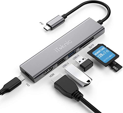 Hub USB C 6 en 1 con 2 Puertos USB iTeknic Puerto HDMI 4K HD, Puerto de reproducción SD y TF y Puerto Tipo C PD 60 W Power Delivery Adaptador Hub USB C Compatible con MacBook Pro, MacBook Air