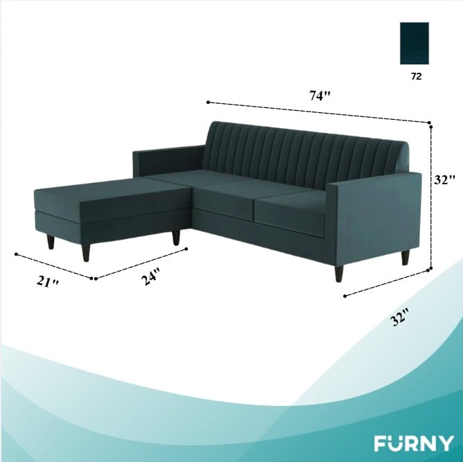 Image of FURNY Carlo 4 Seater - L Shape Convertible Sofa Set for Living Room Furniture Sets 3 Piece Small Sofa, Modular Sectional Couch for Small Space, Upholstery-Velvet Fabric (Teal)
