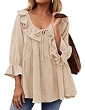 ZESICA Womens Scoop Neck 3/4 Length Sleeve Tops 2025 Casual Tie Front Ruffle Tiered Loose Tunic Shirts Blouses Fall Outfits,Apricot,Large