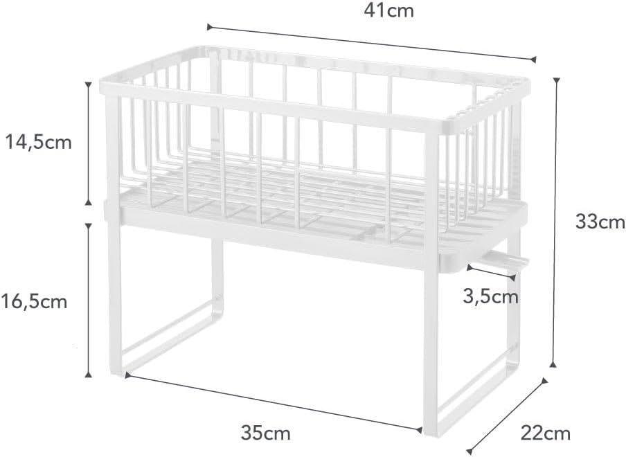 YAMAZAKI Home Tower Two-Tier Adjustable Dish Drainer Rack, Compact Drying Rack with Hooks, Utensils Holder - Steel -