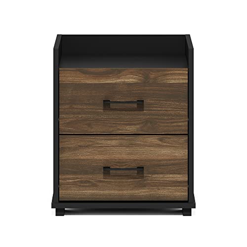 Image of Furinno Tidur Night Stand with Drawers, 2 Drawers, Brown Walnut /Black | Compact, Open Shelf Nightstand, Bedside Table, End Table, Side Table for Small Spaces, Living Room, Bedroom